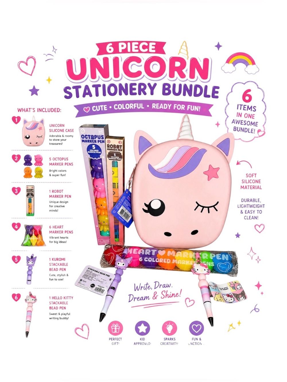 UNICORN 6 PIECE STATIONARY SET